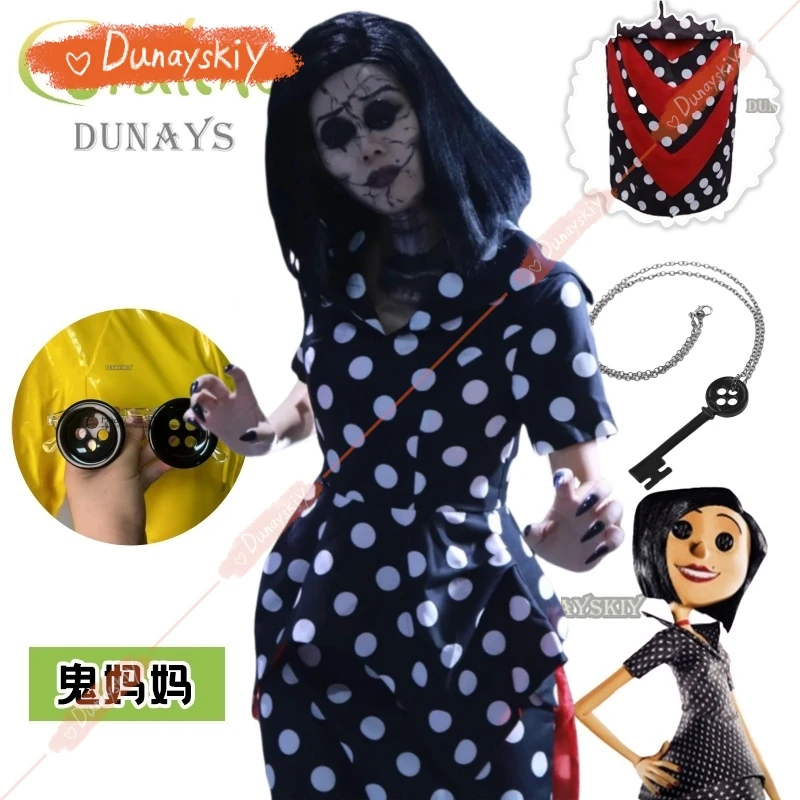 Costume de cosplay de film d'horreur de conte de fées, Coraline, robe à pois, bouton secret, yeux, fête d'Halloween, jeu de rôle effrayant imbibé, perruque