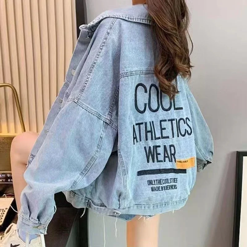 2024 Casual Loose Black Denim Jacket Women's Boyfriend Oversized Jeans Jacket Letter Embroidered Street Clothing Outwear Female