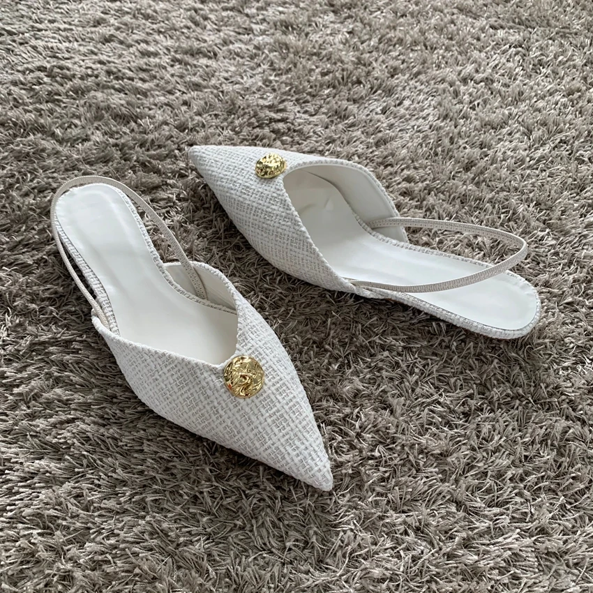 2025 Woman White Fabric High Heels Chic Metal Inlaid Slingback Kitten Heel Shoes Summer Elegant Female Office Low Heels Sandals