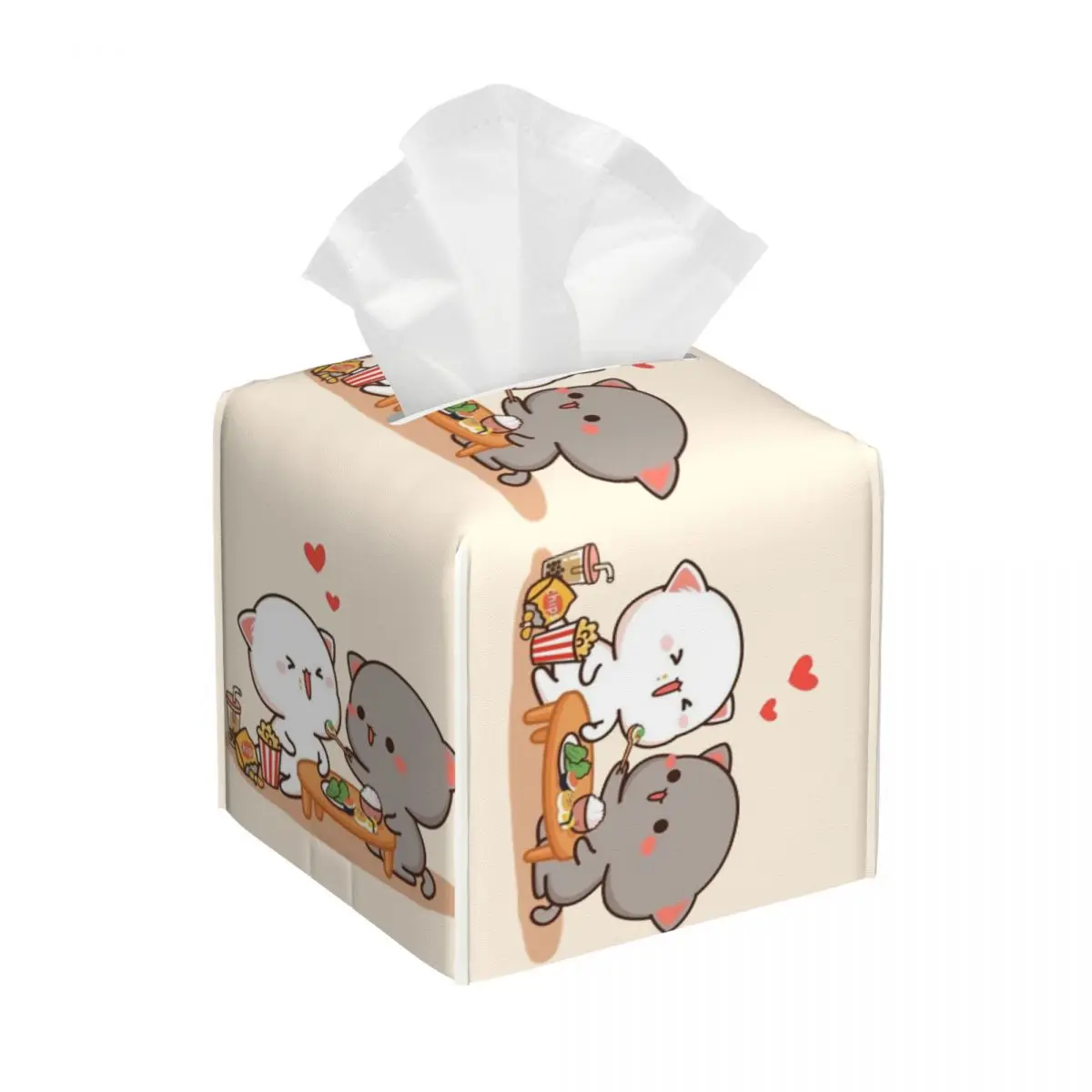 Custom Cute Mochi Peach And Goma Cat Tissue Box Cover Square PU Leather Facial Tissues Holder for Home