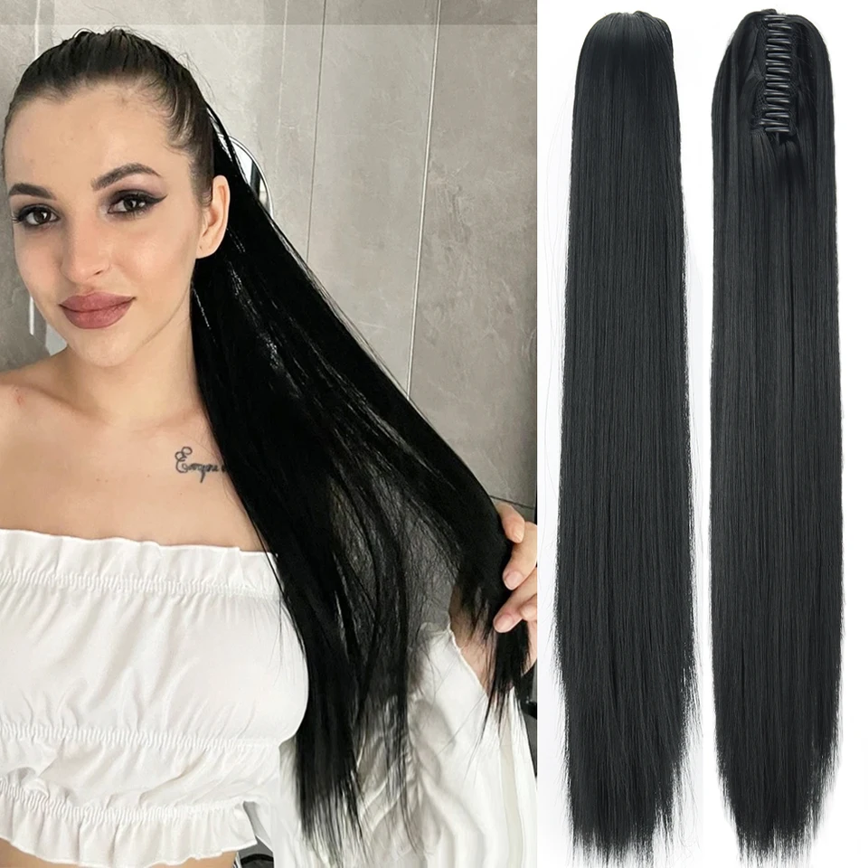 Coleta postiza con clip de 24 pulgadas, lacia, para mujer, en negro y marrón 5
