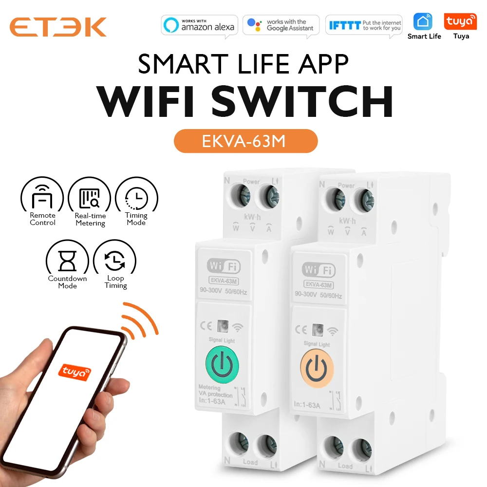 ETEK Tuya WiFi Smart Switch 1P+N 63A 90-300 Voltage Timer Power Energy kWh Voltage Voice Remote Control Circuit Breaker