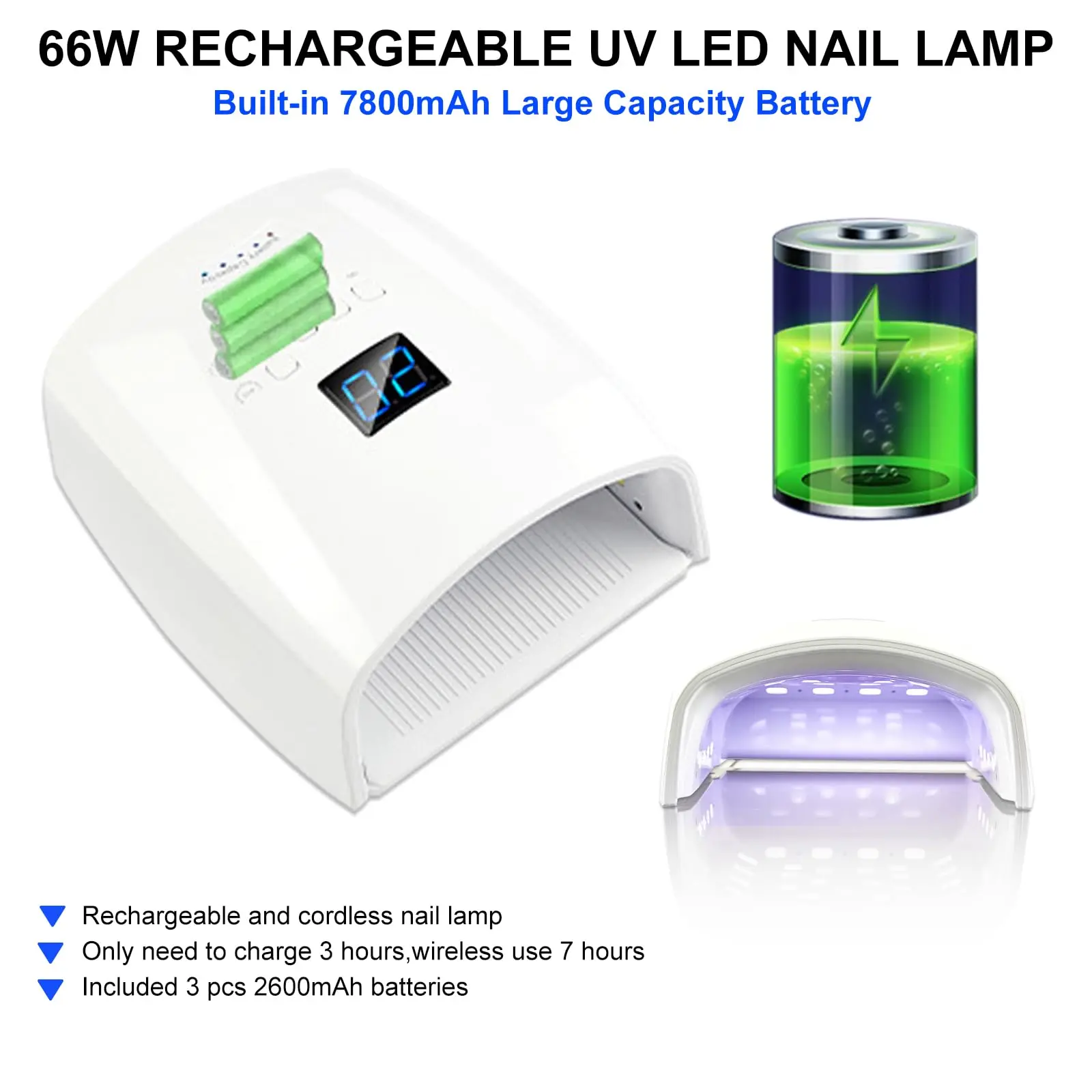 Lampada per unghie UV LED da 66 W, luce UV wireless ricaricabile professionale per unghie in gel, 5 impostazioni timer Luce per unghie gel, Essiccatore per unghie
