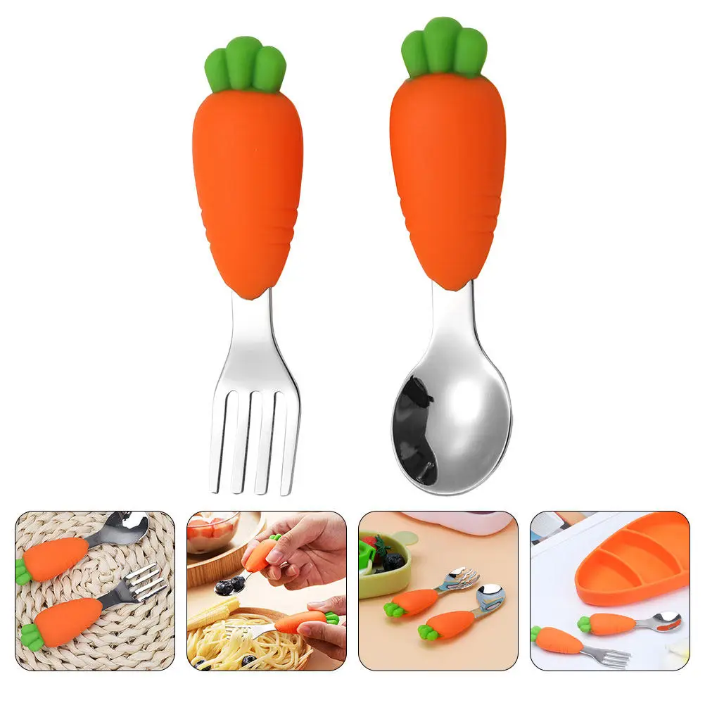 

2Pcs Baby Spoon Fork Set Cartoon Carrot Design Silicone Handle Stainless Steel Toddler Utensils Feeding Silverware Self Feeding