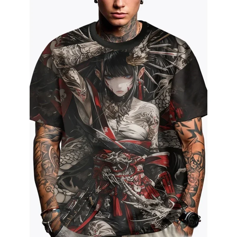 Japanisches Mädchen-T-Shirt mit 3D-Druck für Männer, cooles Muster-T-Shirt, Sommer-T-Shirt für Damen, kurzärmelig, Rundhalsausschnitt, Sportbekleidung, Oberteil