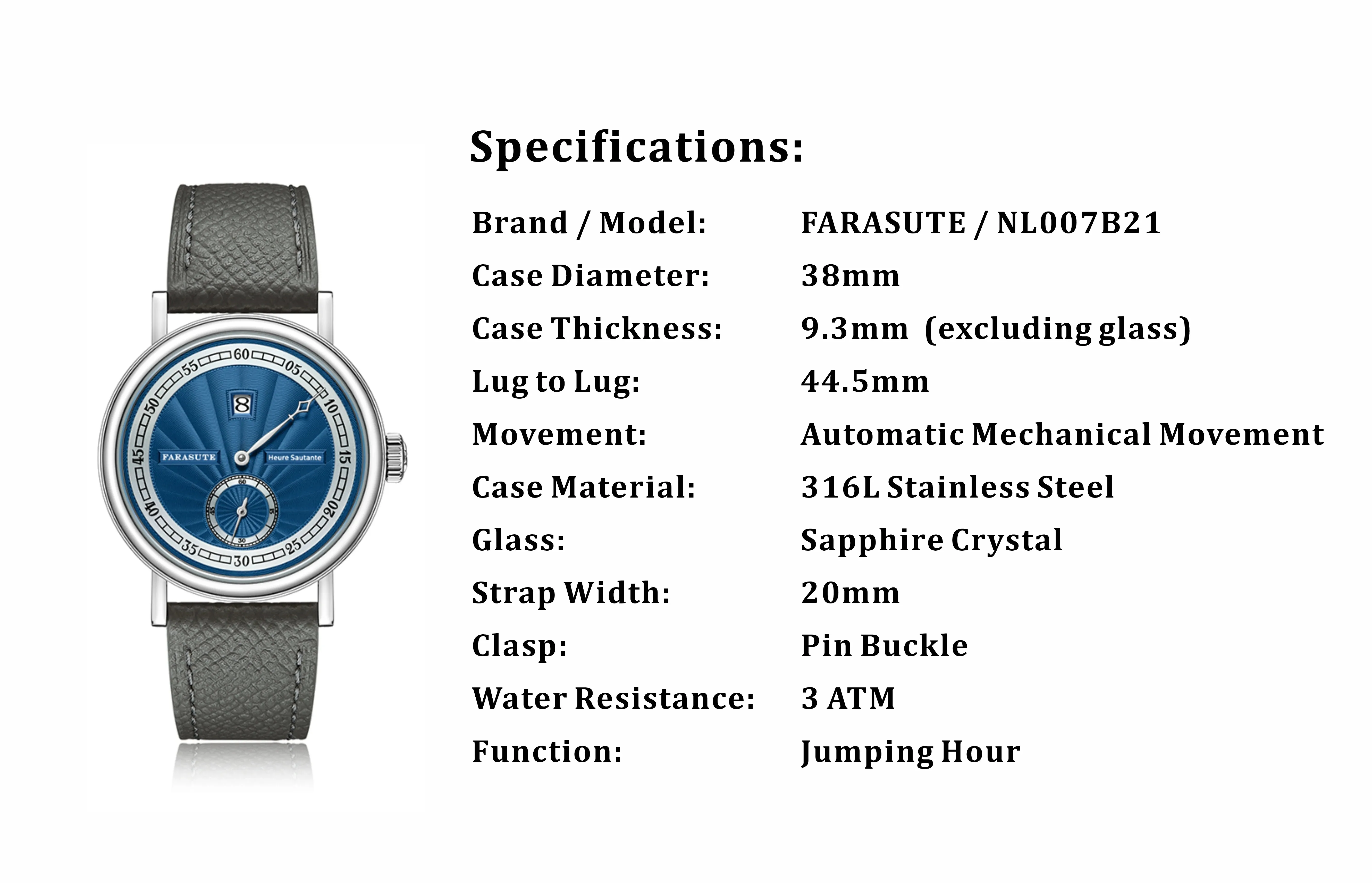 FARASUTE Men Automatic Watch 38mm Vintage Jump Hour Luxury Watches Mechanical Wristwatch Sapphire Mirror Waterproof ST17