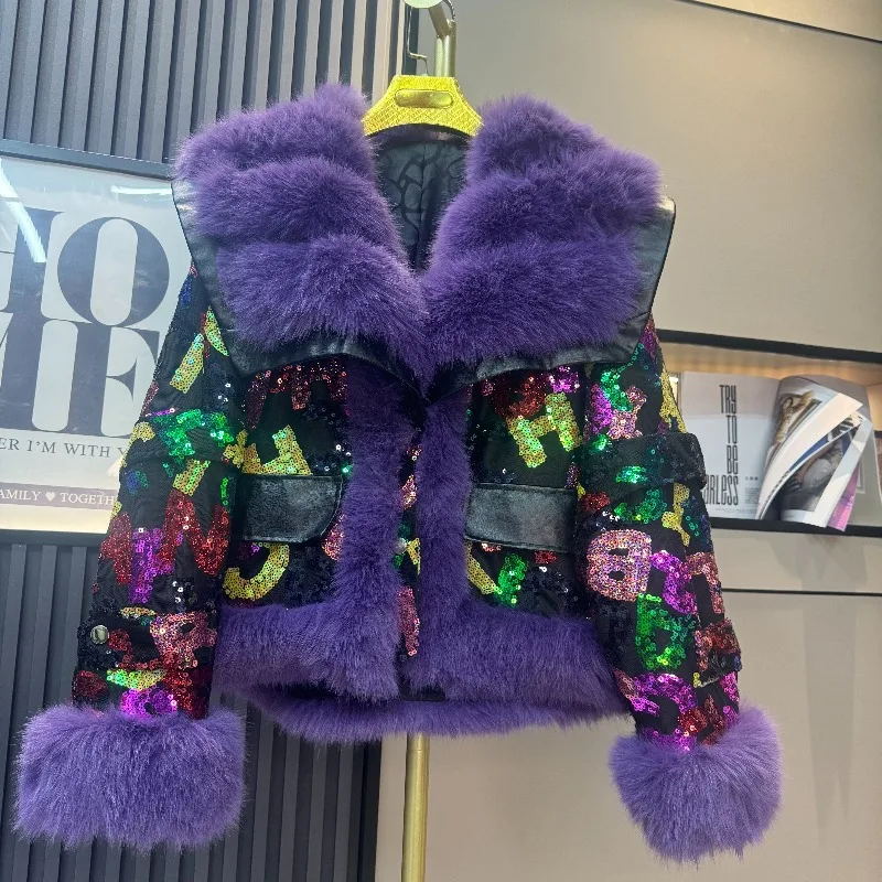 2025 خريف شتاء موضة جديدة الثقيلة الفراء الترتر المرقعة أنيق سميكة معطف الشتاء فو الفراء سترة ملابس خارجية السيدات