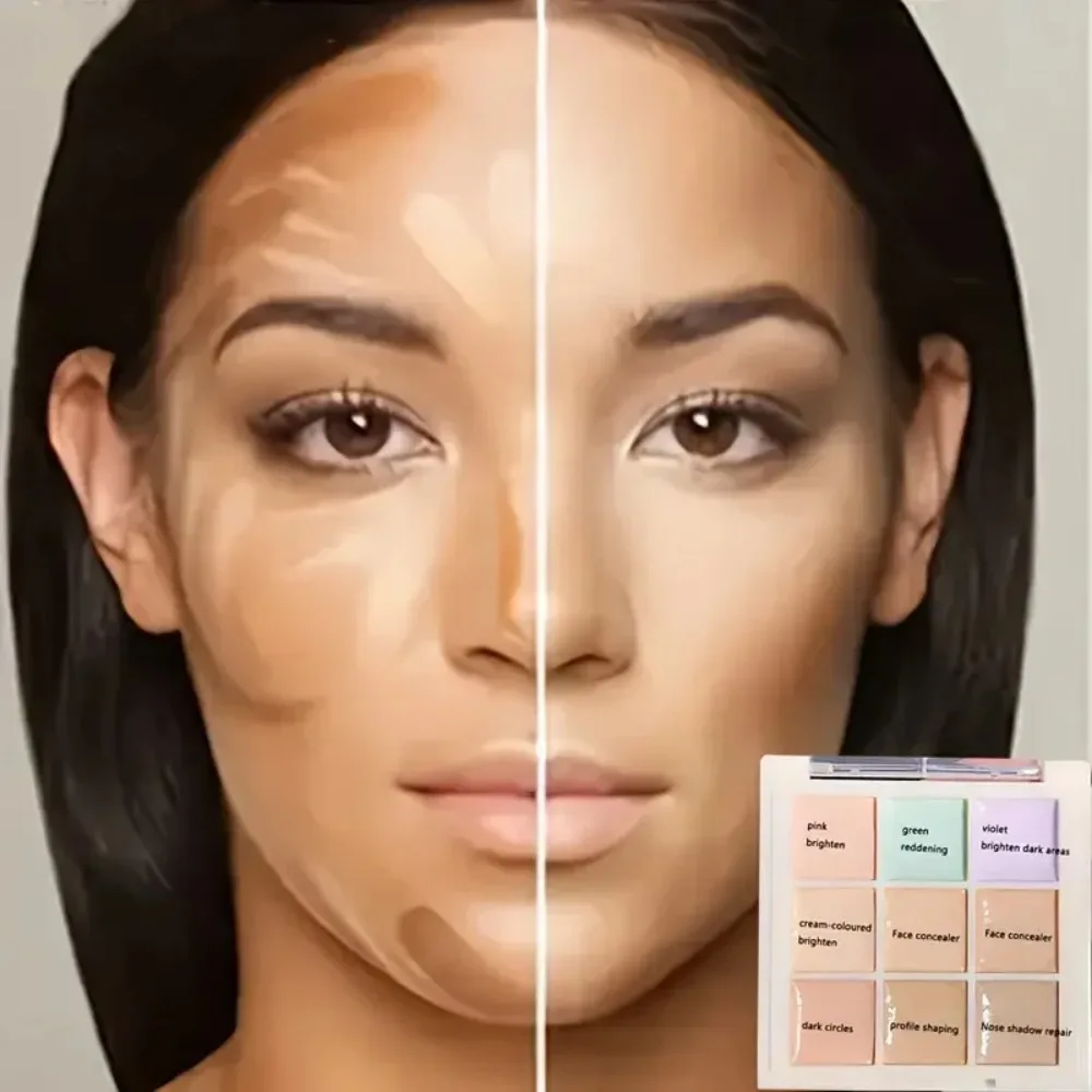 Paleta de corretivos de nove cores, corretivo à prova d'água e à prova de suor, adequado para acne, olhos escuros, creme de correção de cores