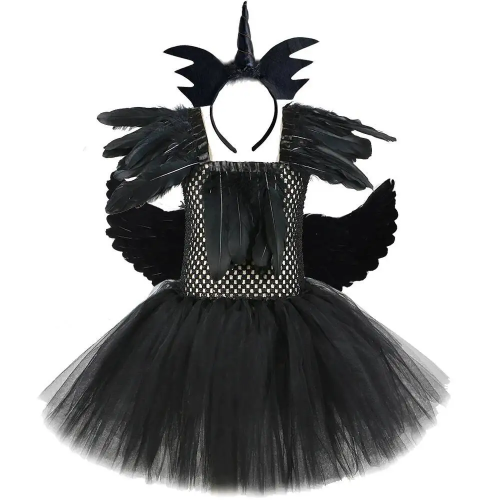 Dark Angel Halloween Costumes for Girls Carnival Party Disguise Dresses for Kids Black Angel Fancy Outfit with Feathers Wings