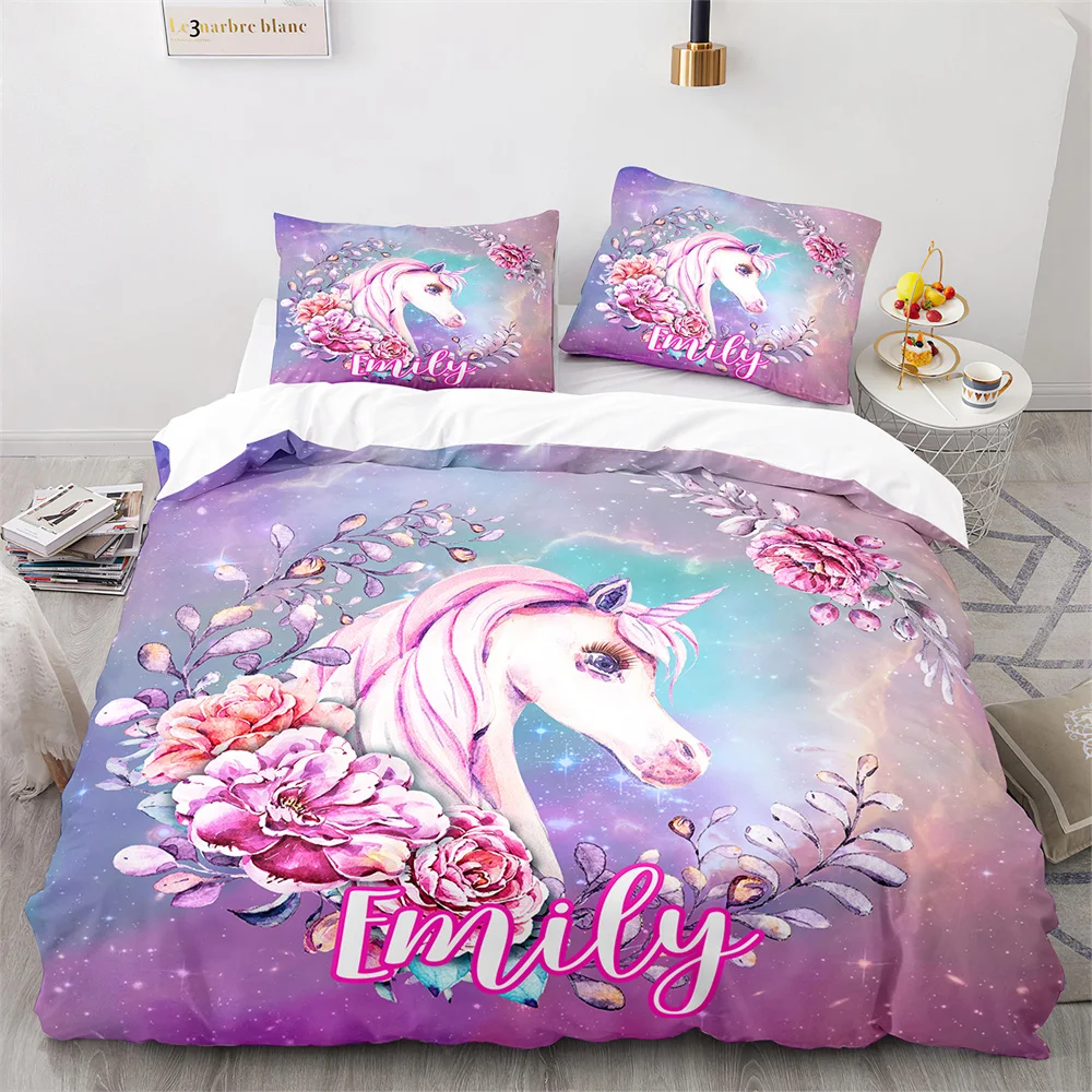 Unicorn Rainbow Flower Duvet Cover Set Colourful Cartoon Polyester Soft Cover Full King Queen Size Kids Boys Girls Bedding Set