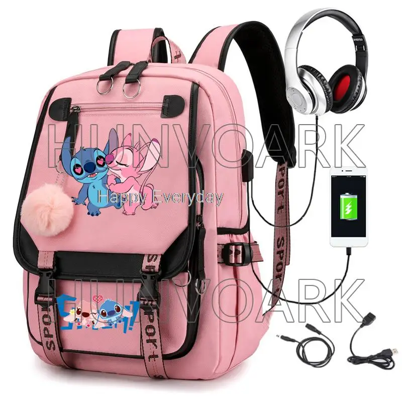 cartoon Lilo And Stitch School Bags Waterproof USB Casual Travel Backpack Women Capacity Travel Laptop Mochilas School