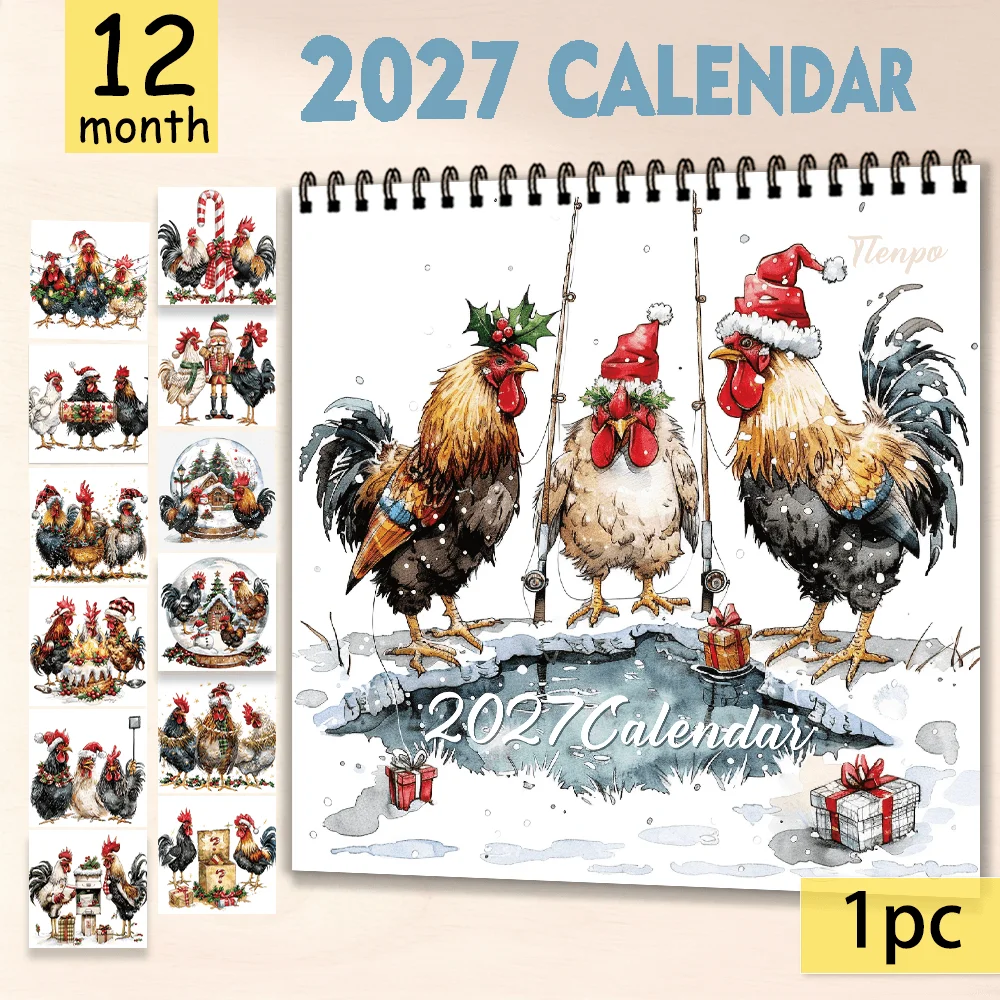 1pc 2027 Christmas Rooster Wall Calendar,12‑Month Planner,Gift For Back‑to‑School,Christmas,New Year,Free Stickers Included