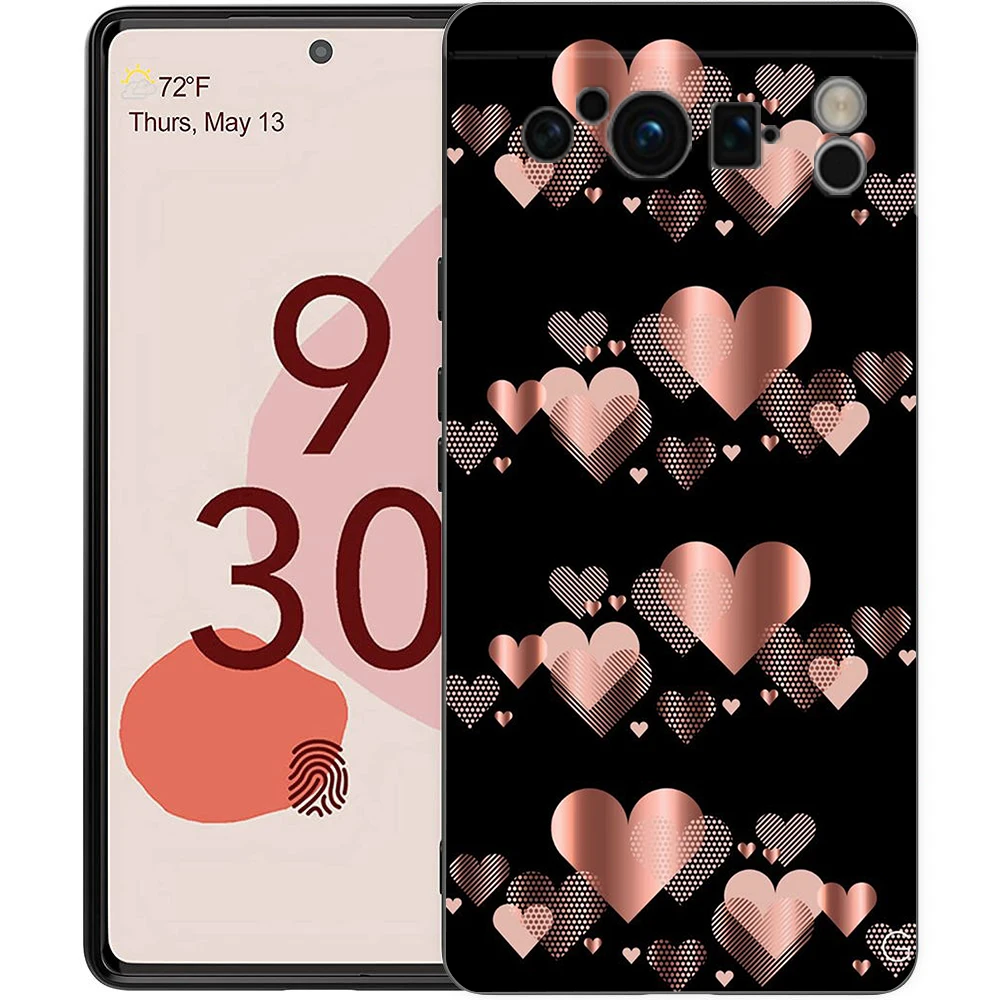 Phone Case For Google Pixel 9 8 8A 7 7A 6 Pro XL 6A 5G Black Soft Shockproof Back Cover TPU Shell Gold Rose Love Heart