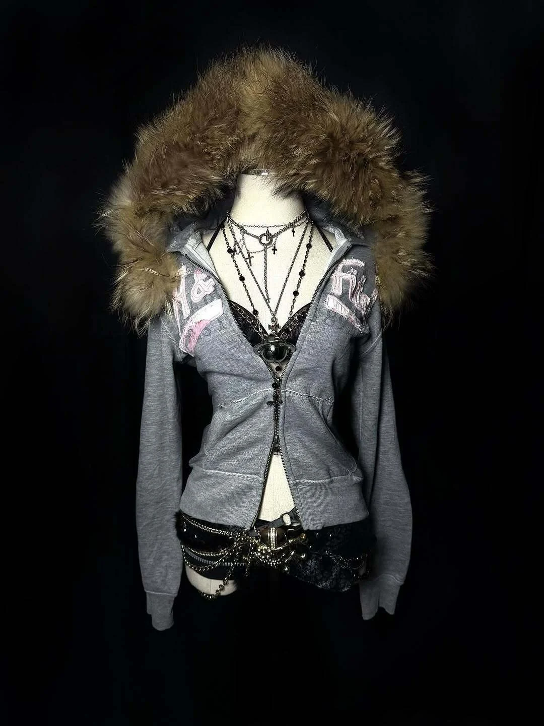 

Autumn and winter women's personalized patch fabric double zipper design large hat cardigan sweatshirt Gothic Harajuku Y2k top