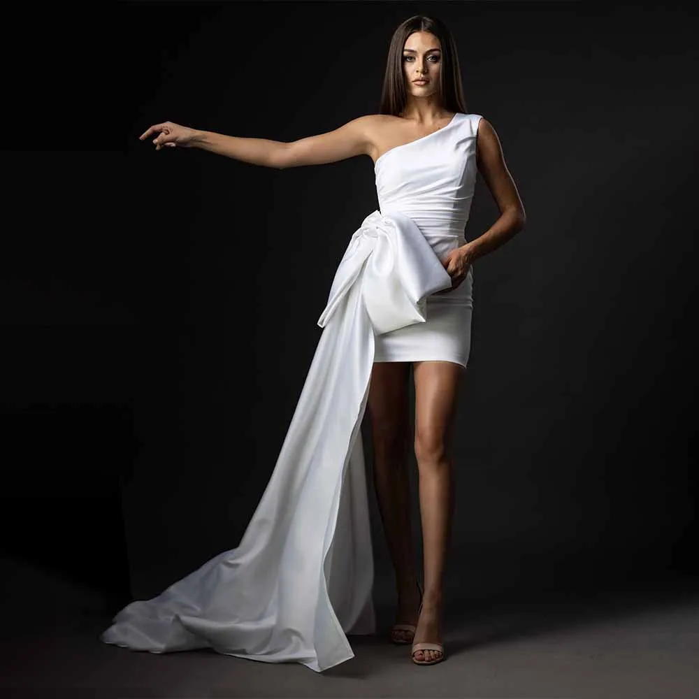 

Column Cocktail Dresses White One Shoulder Big Bow Sexy Cocktail Gowns Mini Sleeveless 2024 Satin Women's Party Dresses Short