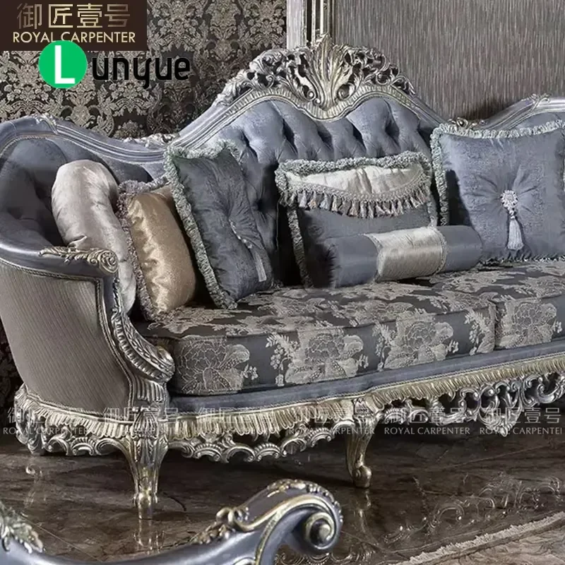European Solid Wood Carved Floral Fabric Sofa Set Luxury French Court Style Living Room Furniture Elegant Home Decor