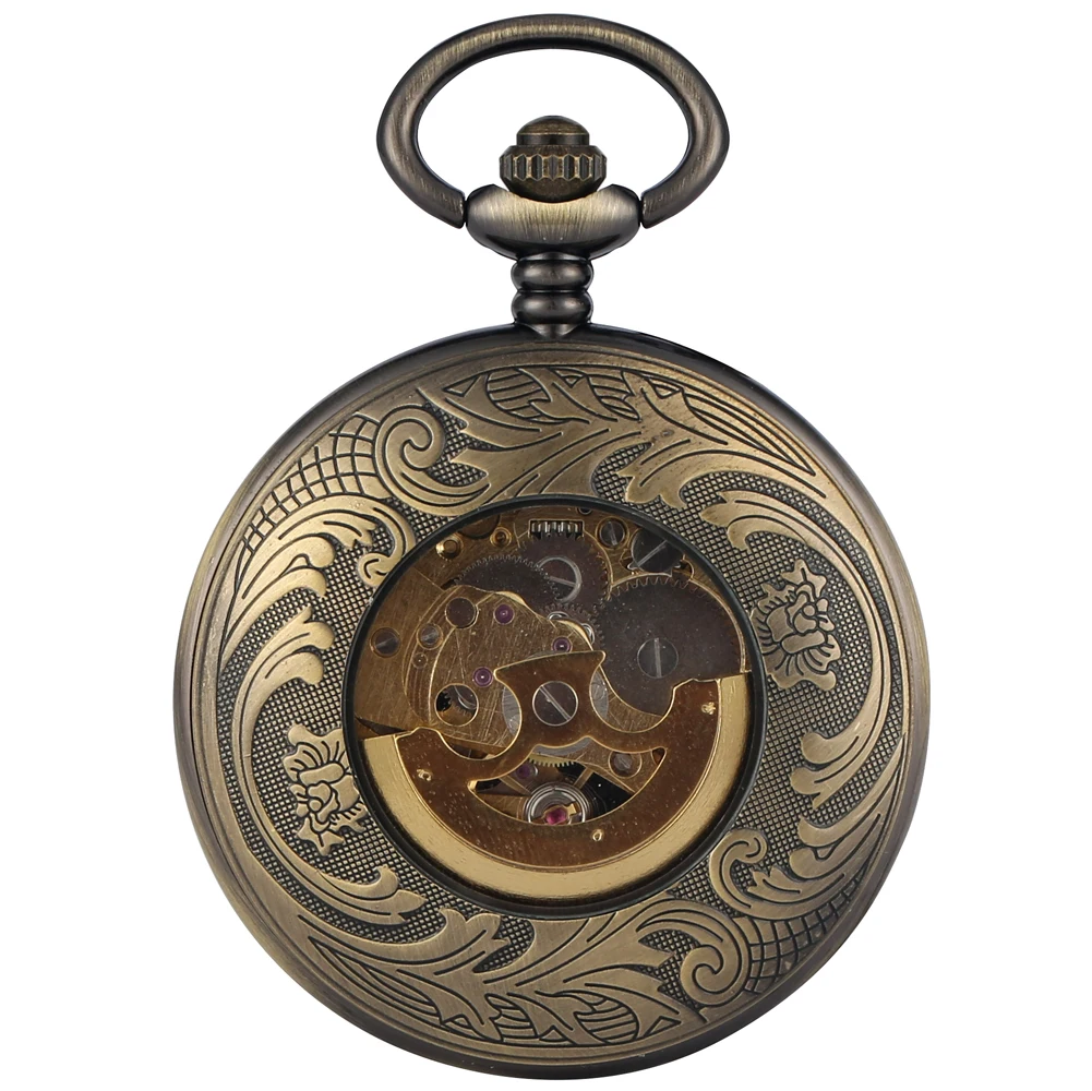 Bronze Automatic Mechanical Pocket Watch with Luminous Green Roman Numerals Dial 30cm Fob Chain Retro Pocket Timepiece Gift