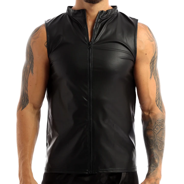 Herren Lederweste Elastisch Mode PU Leder T-Shirts Biker Tank Tops Streetwear – Detail 2