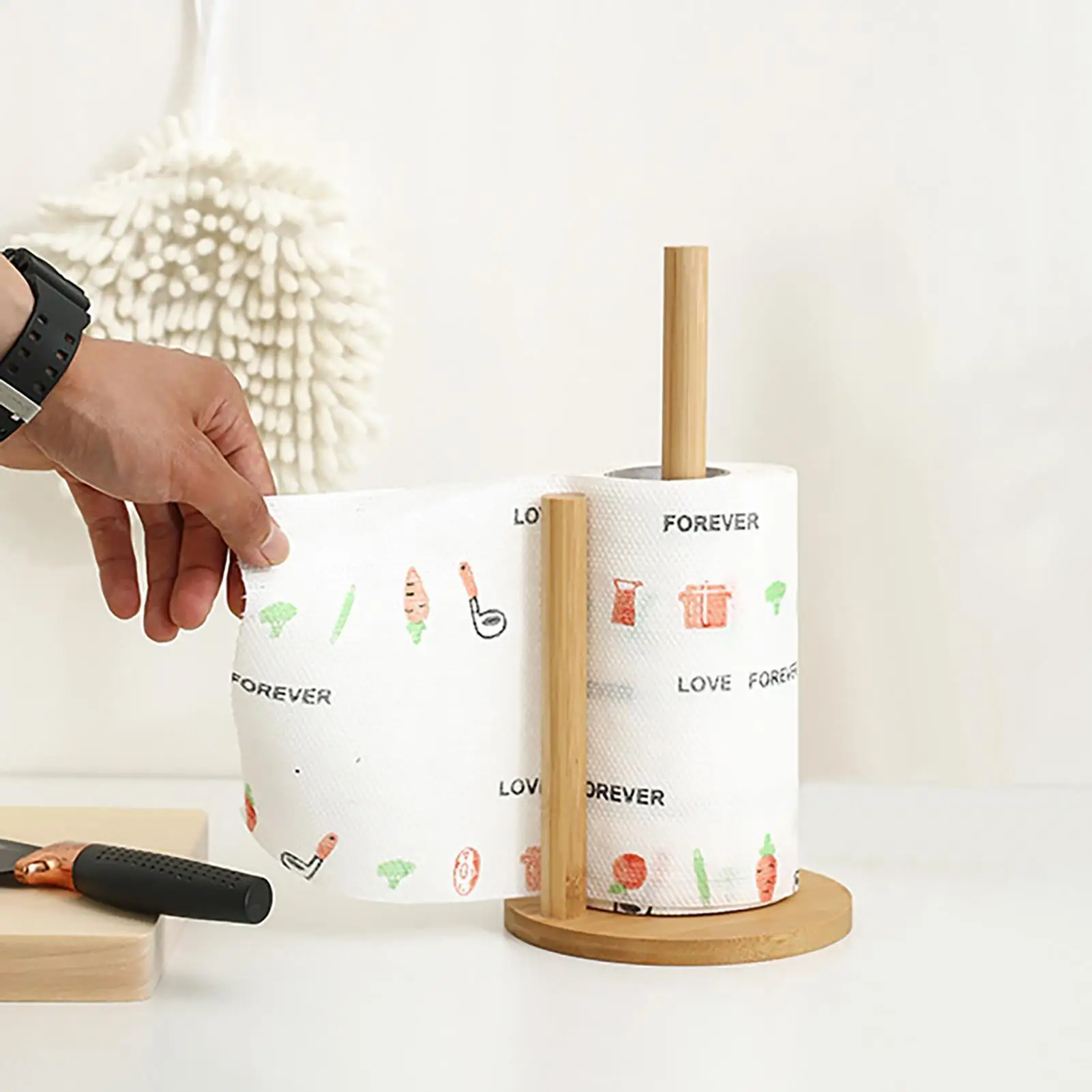 Bamboo Paper Towel Rolling Holder Wooden Roll Paper Storage Stand Lazy Cleaning Cloth Holders For Kitchen Dining Room