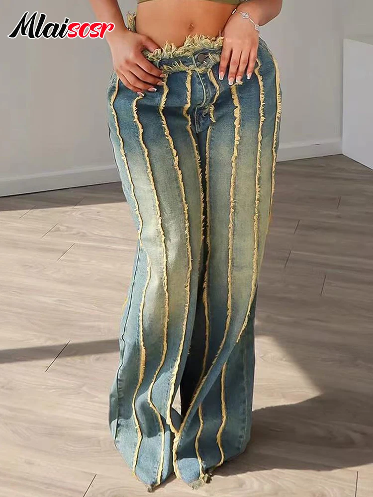 Mlaiscsr Fashion Gradient Patchwork Ripped Blue Stretch Denim Wide Leg Pants Women Mid High Waist Jeans Hot Girl Streetwear y2k