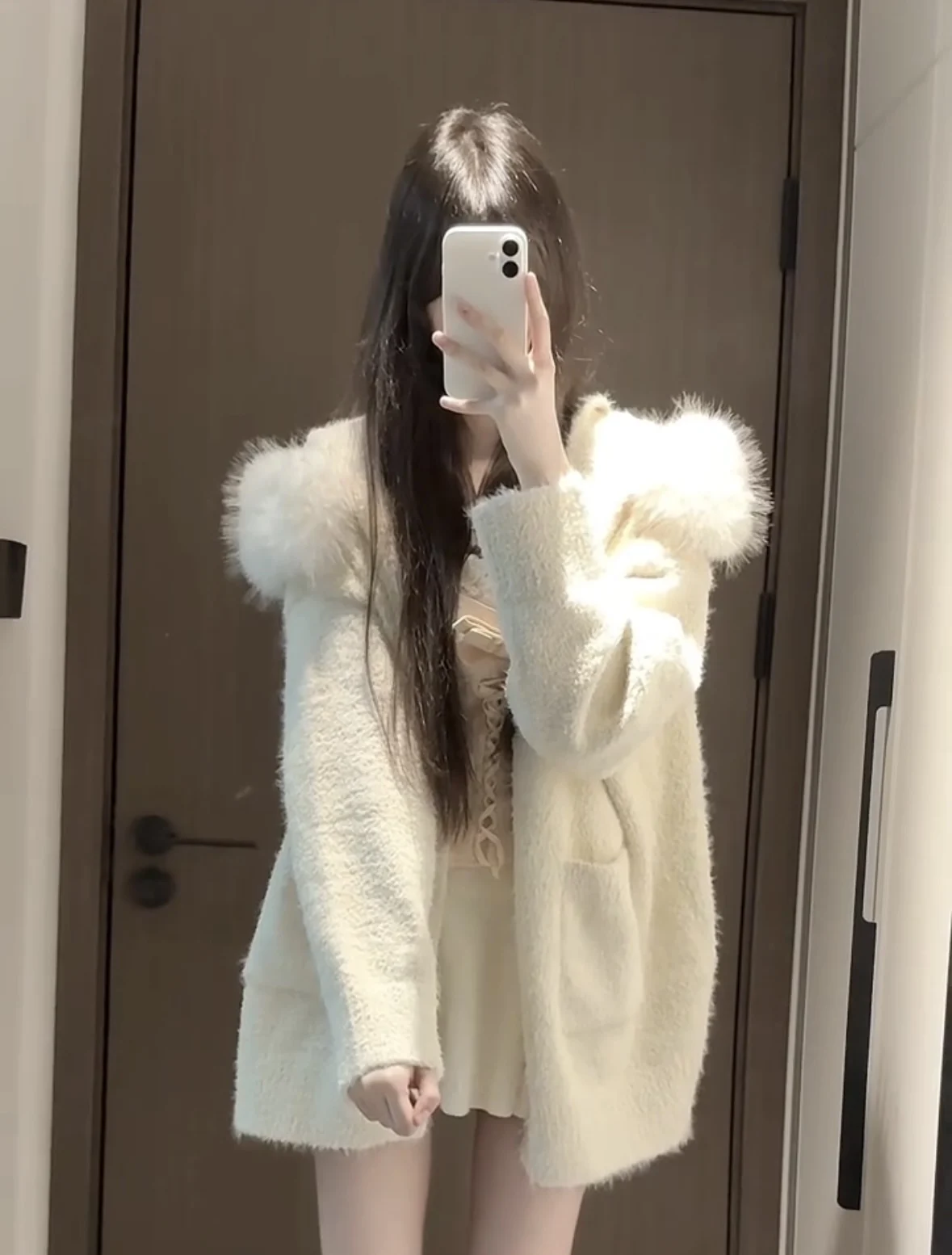 

Soft Cozy Pure Desire Apricot Color Knitted Sweater Coat Women's Autumn Winter Lazy Loose Fur Collar Open Cardigan Top Women