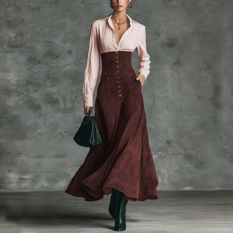 

Fashion Patchwork Long Dress Women Elegant Turn-down Collar Light Pink Vertical Stripe Shirt Dress Female 2026 Office Office