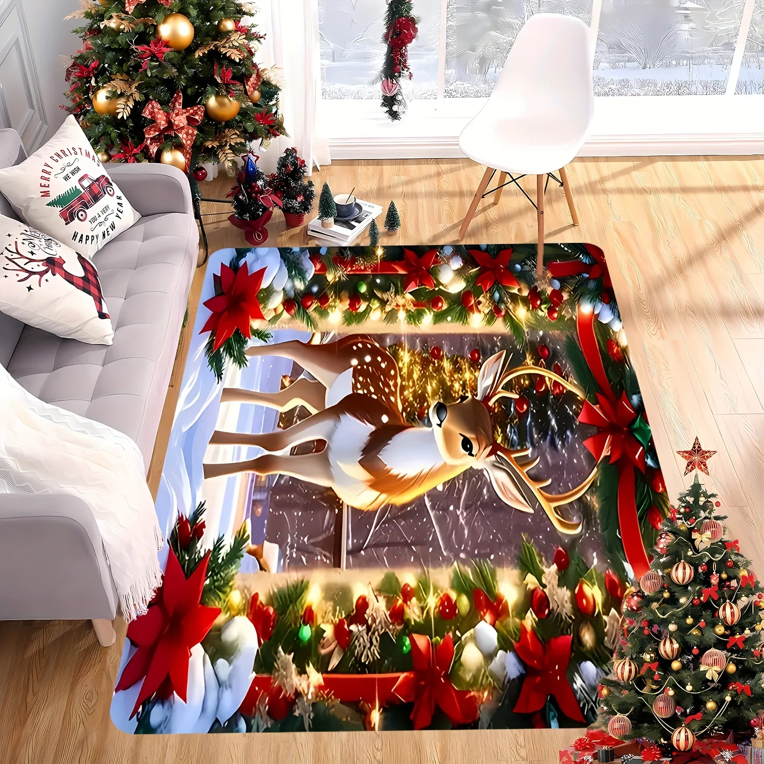 Christmas Deer Reindeer Area Rug Cute Winter Carpet for Living Room Bedroom Garland Poinsettia Holiday Home Decor Floor Mat