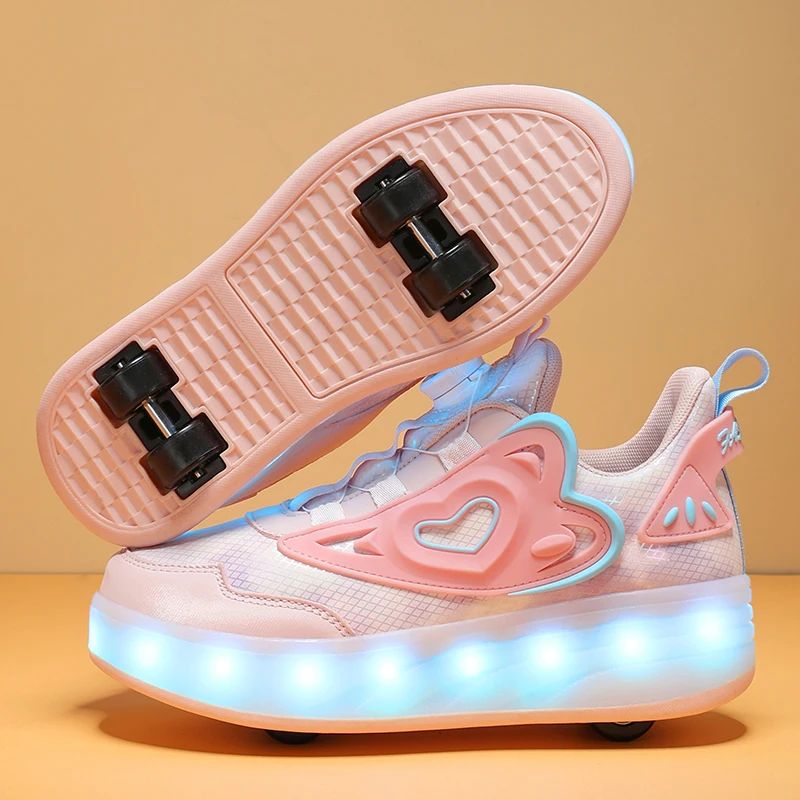 Children LED Light Sneakers 4 Wheels Luminous Shoes with Wheels Lights Rechargeable Girls Boys Women Kids Roller Skates Shoes