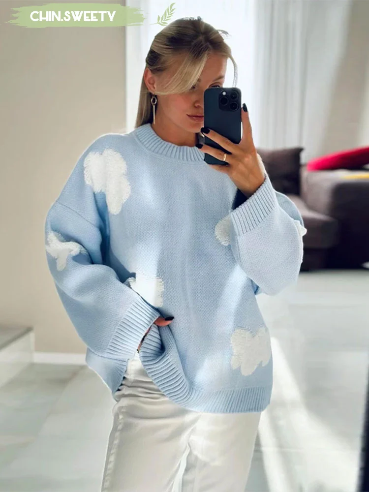 Sky Blue Cloud Printed Loose Knitted Jumper Tops Women O Neck Long Sleeve Sweaters Fashion Ladies Causal Street Pullovers 2024