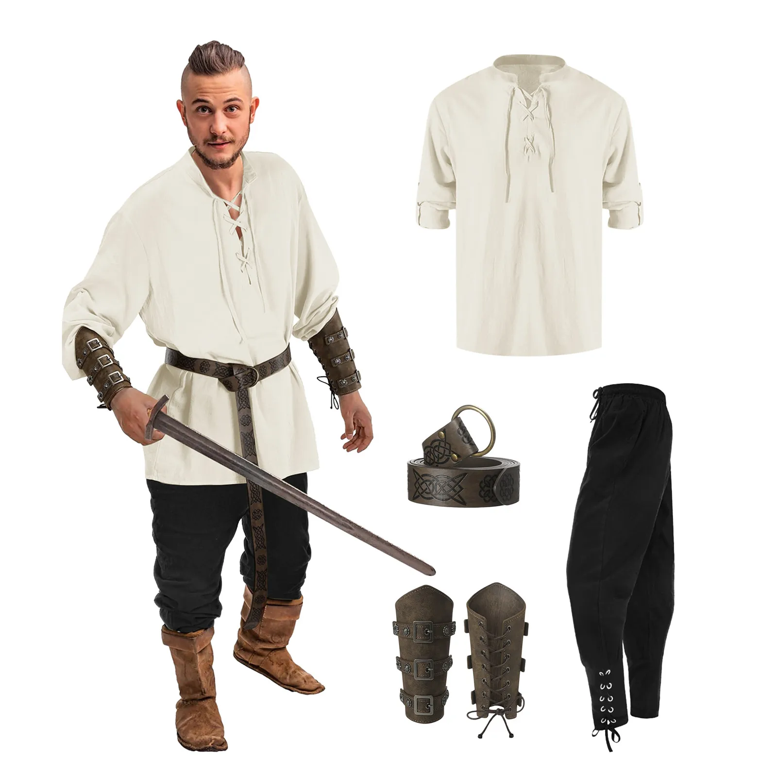 Conjunto Renascentista para Homens, Camisa, Pulseiras, Cinto, Calças, Cosplay Medieval Halloween, Cavaleiro Pirata, Acessórios Viking, Conjunto 4 Pc