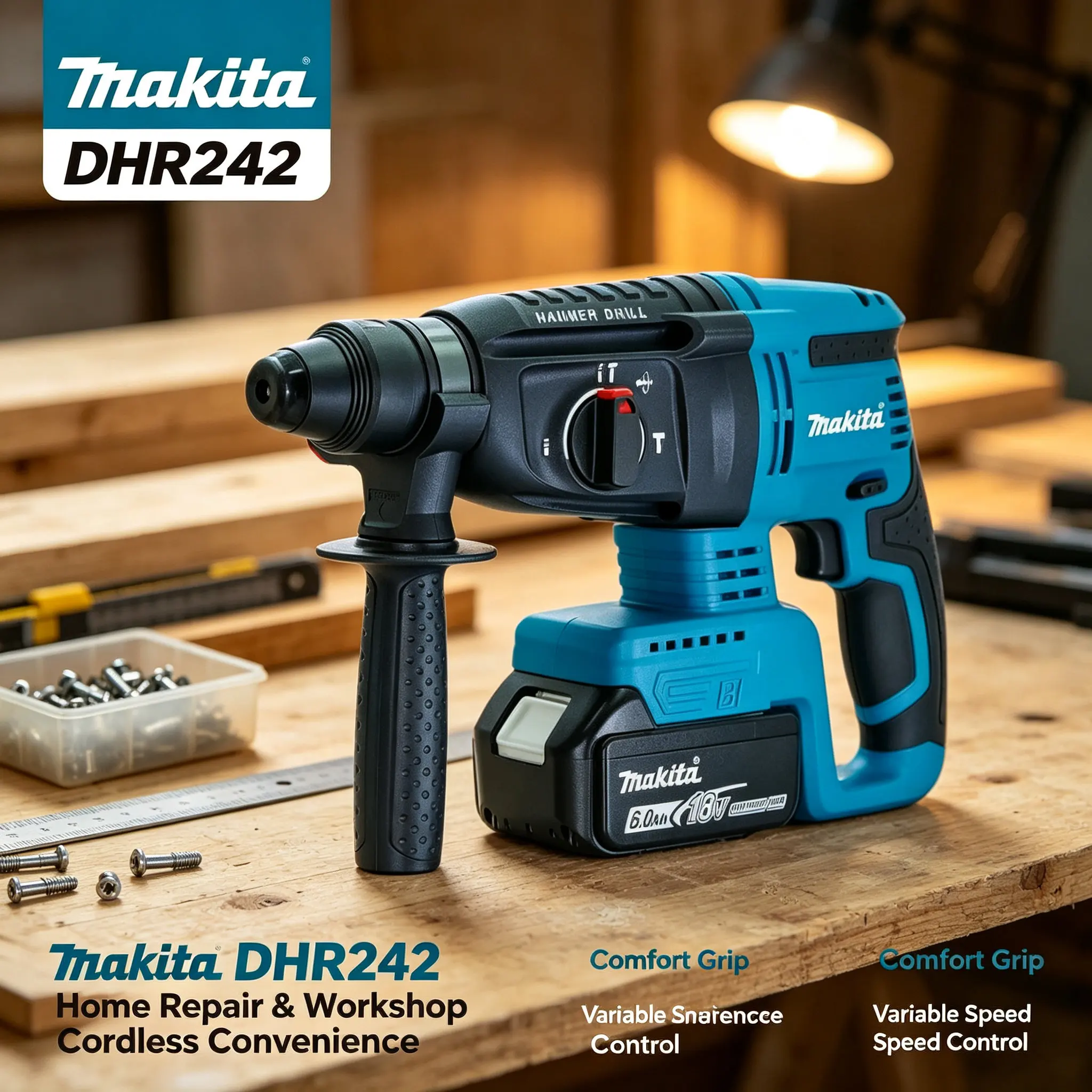Neuer, originaler Makita DHR242 18V SDS‑Plus Bohrhammer, 13,5 m/s² geringe Vibrationsbelastung, ergonomisch ausbalanciertes Gehäuse sorgt für komfortables Arbeiten bei langanhaltendem Bohren in Beton,