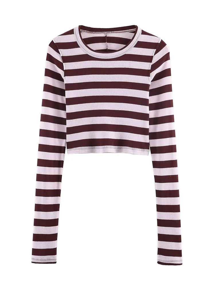 

HH Women's 2026 Spring Fashion Versatile Round Neck Striped Short Pullover Top Female Elegant High Street Casual Long Sleeve Top