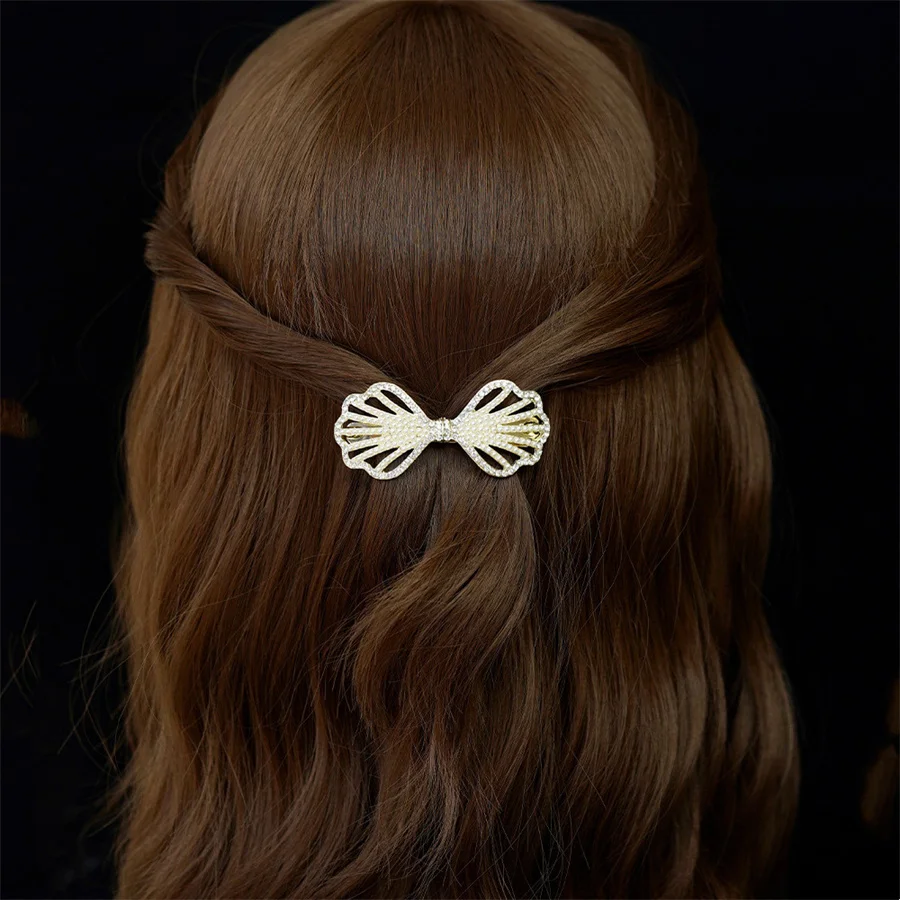 New Elegant Crystal Bow Hairpin Spring Clip Headwear Korean Women Fashion Temperament Pearl Small Jewelry Hair Accessories