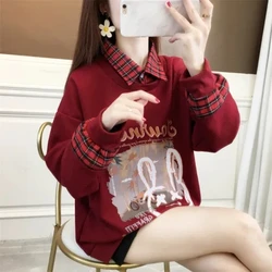 Spring Autumn Women's Plaid Patchwork Turn-down Collar Pullover Geometric Print Buttons Long Sleeve Sports Hoodies Casual Tops