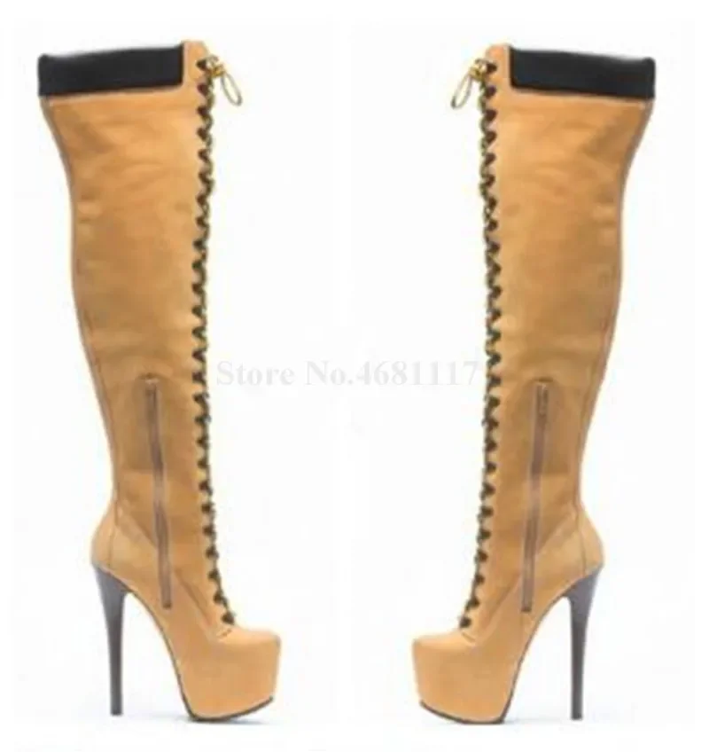 Platform Over The Knee Heeled Boots Front Lace Splicing Round Toe Thin Heel Thigh High Boots Motorcycle Boots Women Brand Design