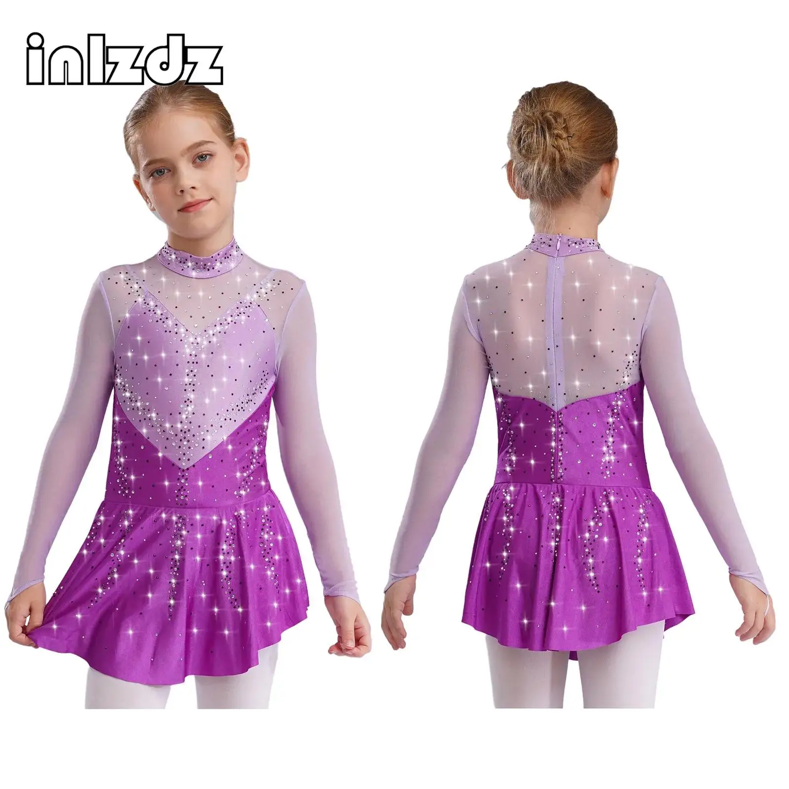 

Kids Girls Figure Skating Dance Dresses Mock Neck Long Sleeve Color Block Sheer Mesh Shiny Rhinestones Stage Performance Costume