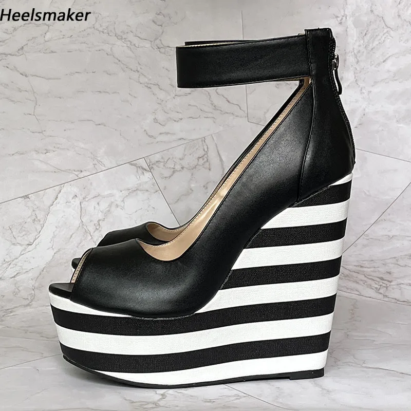 

Sukeia Women Platform Pumps Comfort Wedges Heels Peep Toe Pretty Black White Stripped Party Shoes US Plus Size 5-20