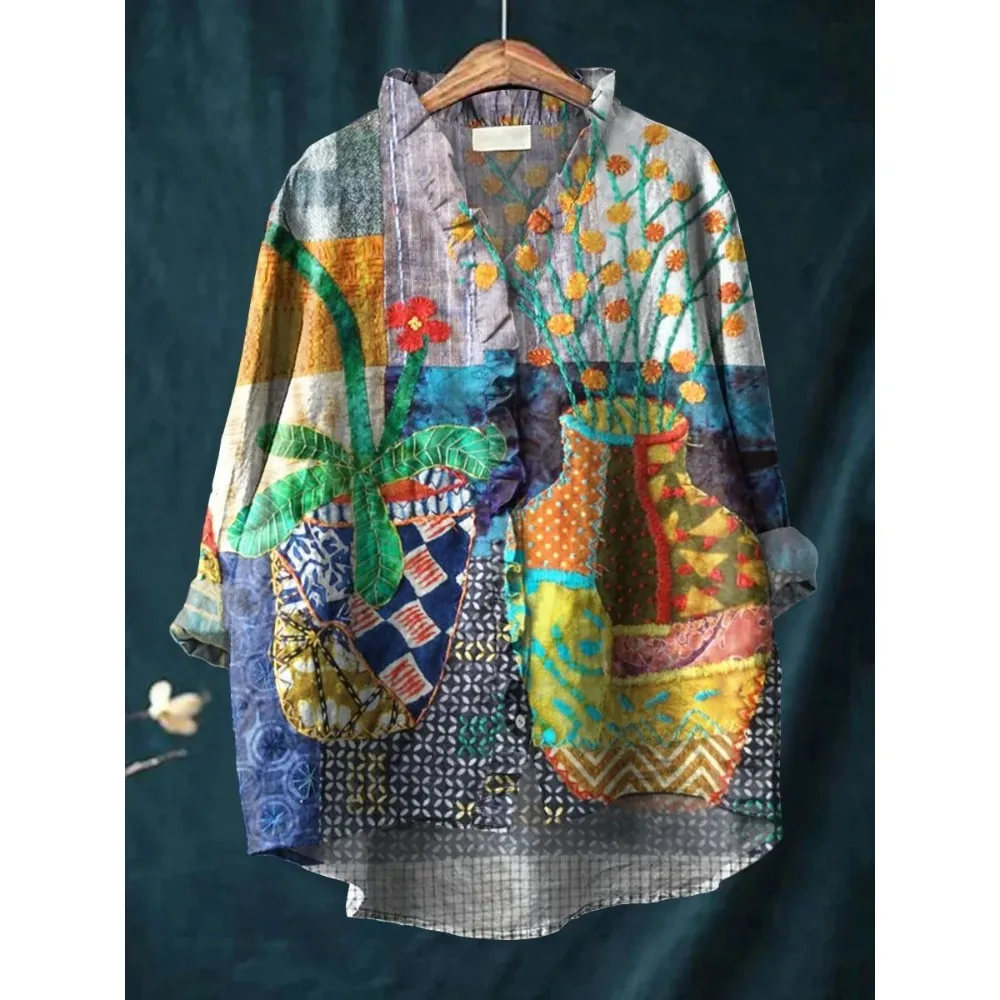 

Bohemian Colorful Bubble Crepe Shirt Artistic Printed Long Sleeve Blouse for Women Retro Casual Wear Vintage Floral V-Neck Shirt
