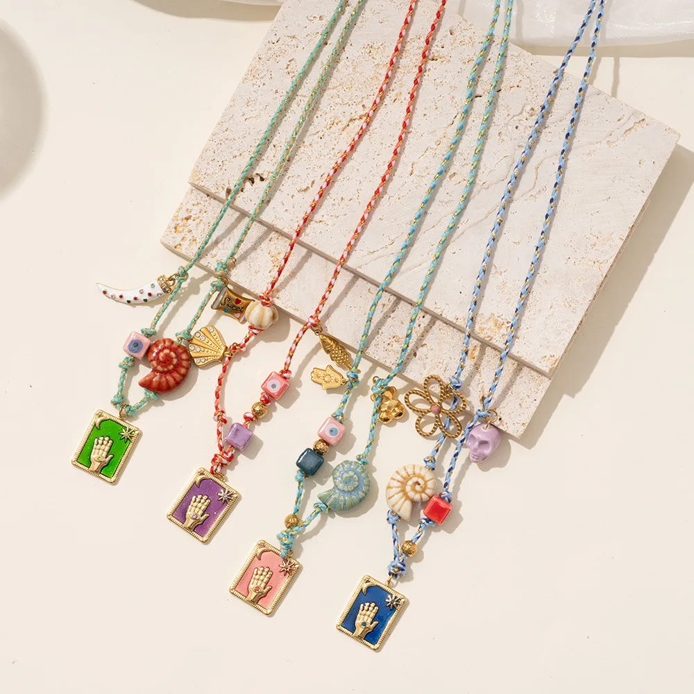 Charm Colored Handmade Rope Tarot Card Pendant Necklace Geometric Pepper Flower Snail Shell Charm Choker Stainless Steel Jewelry