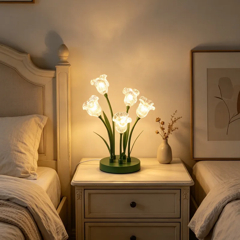 Modern Tulip Flower LED Desk Lamp Minimalist Bell Orchid Inset French Pastoral Style Cozy Bedroom Bedside Night Light Fixture