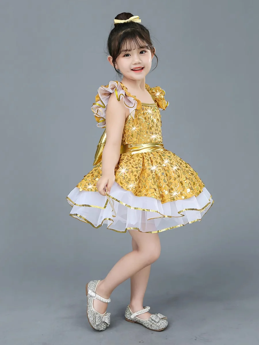 Golden Modern Sequin Dance Costume Girls Lyrical Contemporary Freestyle Yellow Dance Dress Girls Stage Wear Festival Celebration view 6