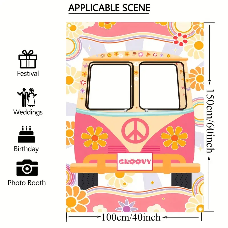 1.5 * 1M Hippie Bus Photo Props Groovy Party Decoration Background Cloth Retro Daisy Birthday Party Decoration