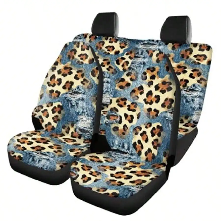 

Leopard Print Denim Car Seat Cover Set Spandex Front Back Split Bench Dirt Proof Seat Protectors
