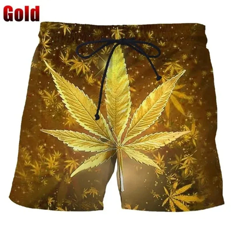 3D Print Luminescence Leaves Beach Shorts For Men Plant Pattern Short Pants Summer Fashion Casual Sports Oversize Swim Trunks