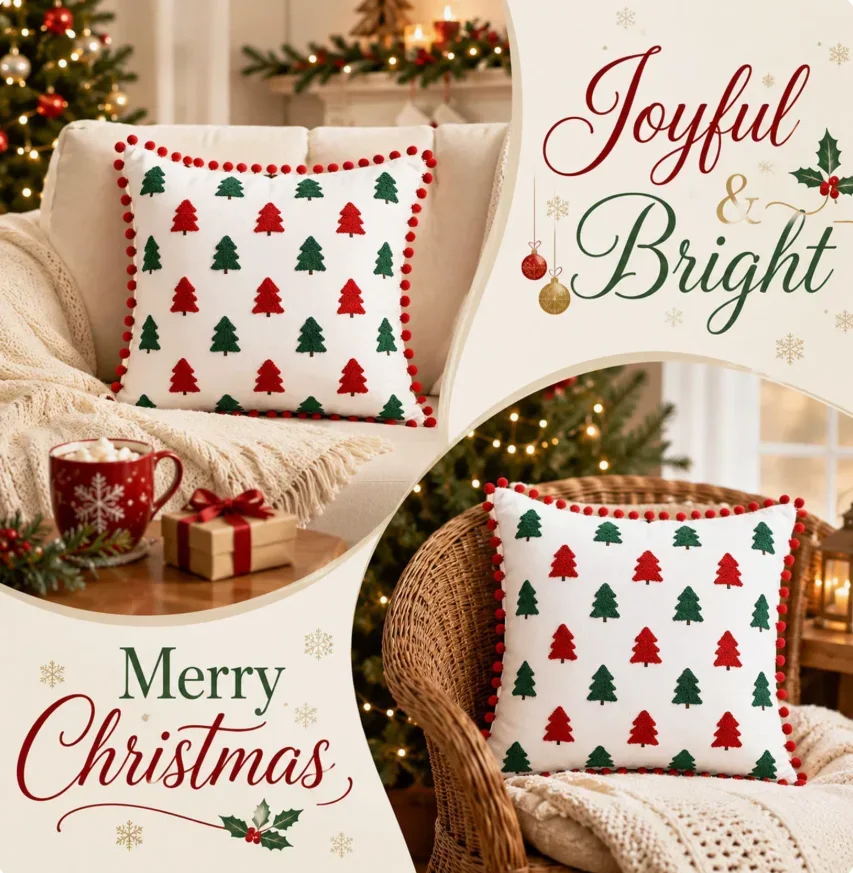 Christmas Tree Pillow Cover, Soft Velvet Embroidery Pillowcase, Pom-pom Tufted Embroidery 3D Sofa Cushion Cover