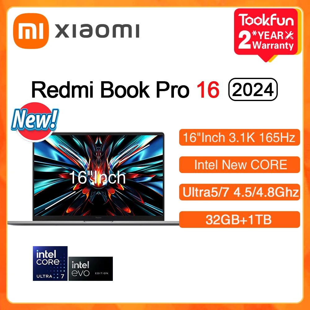 XIAOMI Redmi Book Pro 16 2024 Ноутбук Intel Ultra5 125H 7 155H RAM 32 ГБ SSD 1 ТБ 16 дюймов 3,1 К 165 Гц Ноутбук Ультрабук Компьютер ПК