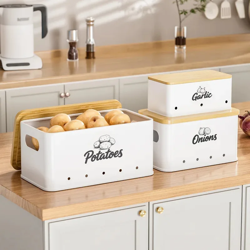 Ventilated potato storage box, breathable kitchen vegetable keeper bin, pantry organizer container for countertop and cabinet