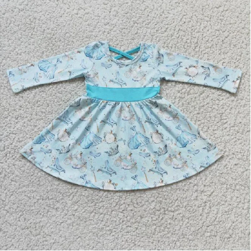 

New Fashion Style Spring Fall Watch High Heels Light Blue Skirt Boutique Wholesale Kids Long Sleeve Dress Girl's Clothing