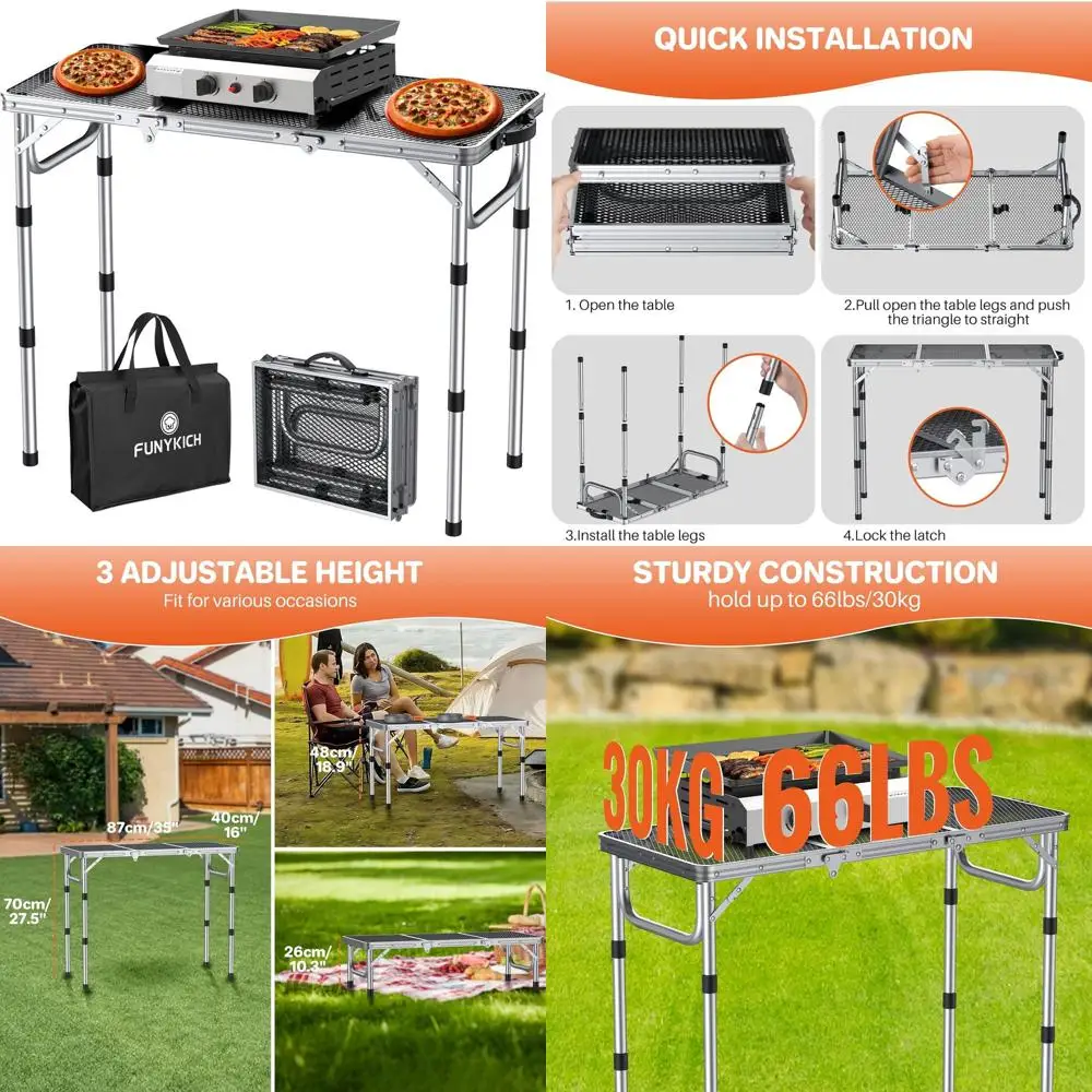 

Портативный складной походный стол, 34.2x15.7 дюймов, с регулировкой высоты, легкий металлический, для улицы, пикника, барбекю, серебристый