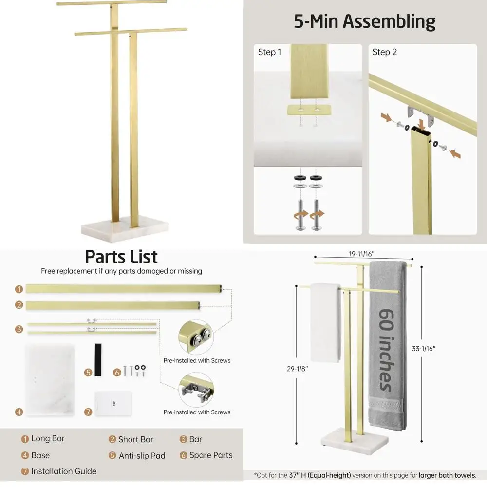 

2-Tier Marble Base Towel Rack, T-Shaped Design, Brushed Gold Stainless Steel, Upgraded Stability for Bathroom Floor